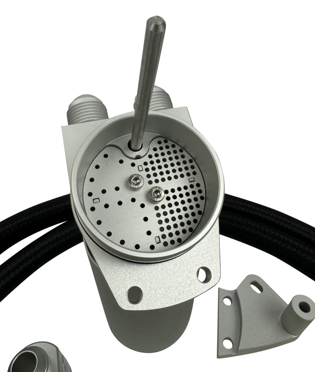 JackSpania Racing billet oil catch can installed on a VW MK7 Golf GTI 1.8T TSI engine with turbo breather hoses kit.