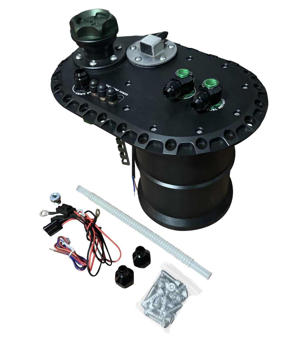 JackSpania Racing Fuel Cell Surge Tank FCST for external high-flow fuel pumps, engine part with metal construction and fittings.