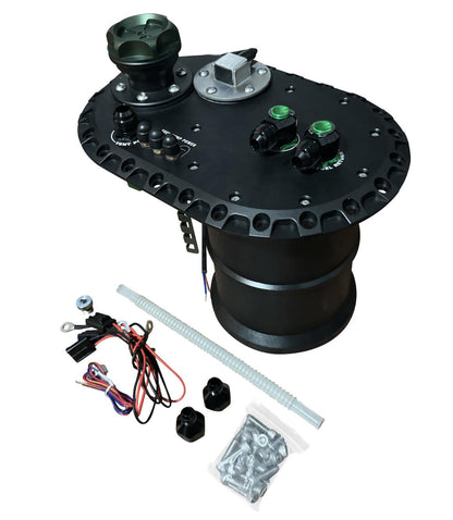 JackSpania Racing Fuel Cell Surge Tank FCST for external high-flow fuel pumps, engine part with metal construction and fittings.