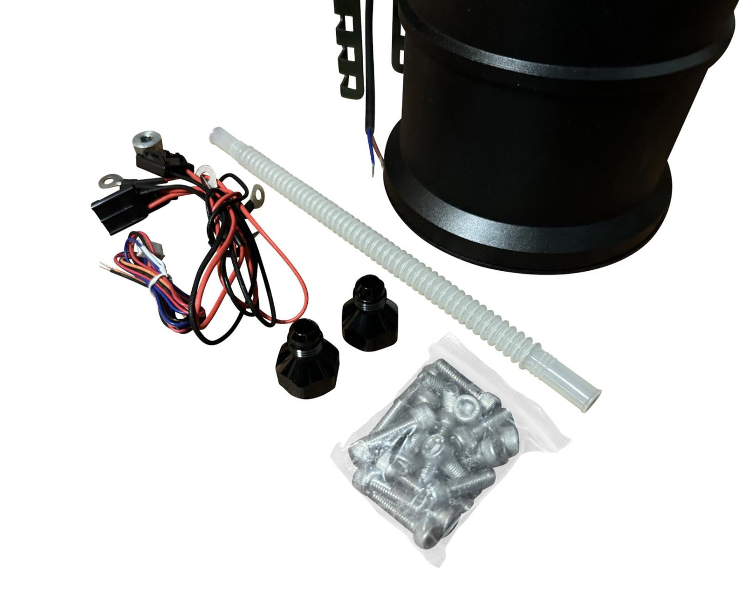 JackSpania Racing Fuel Cell Surge Tank FCST for external high-flow fuel pumps, engine part for improved fuel delivery.