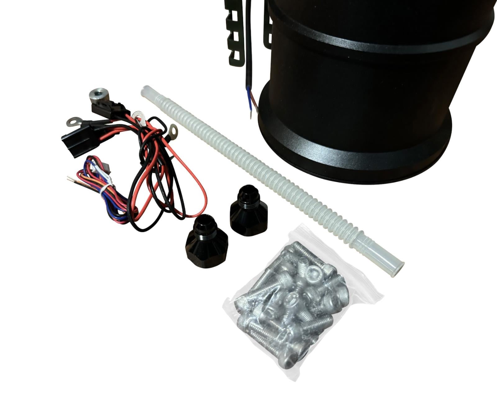 JackSpania Racing Fuel Cell Surge Tank FCST for external high-flow fuel pumps, engine part for improved fuel delivery.