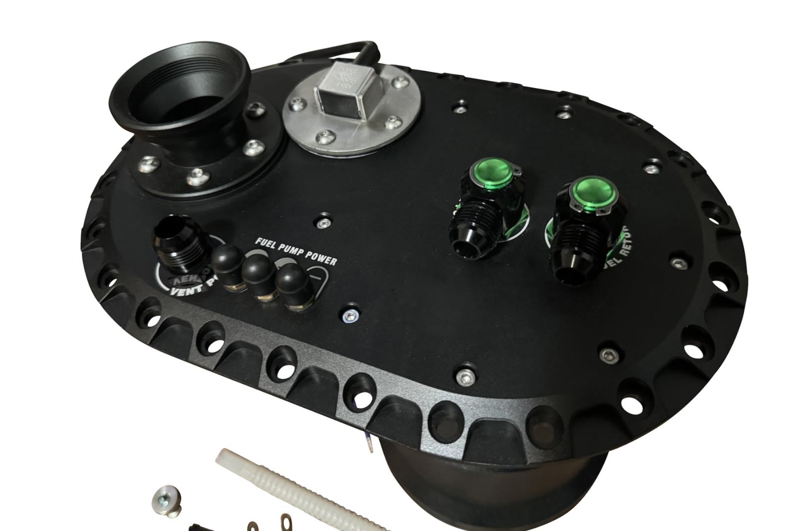 JackSpania Racing Fuel Cell Surge Tank FCST for external high flow fuel pump kit, engine parts for improved fuel management.