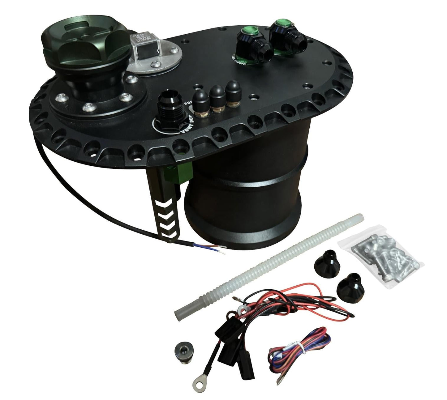JackSpania Racing Fuel Cell Surge Tank FCST for external high flow fuel pumps, engine parts for improved fuel system performance.