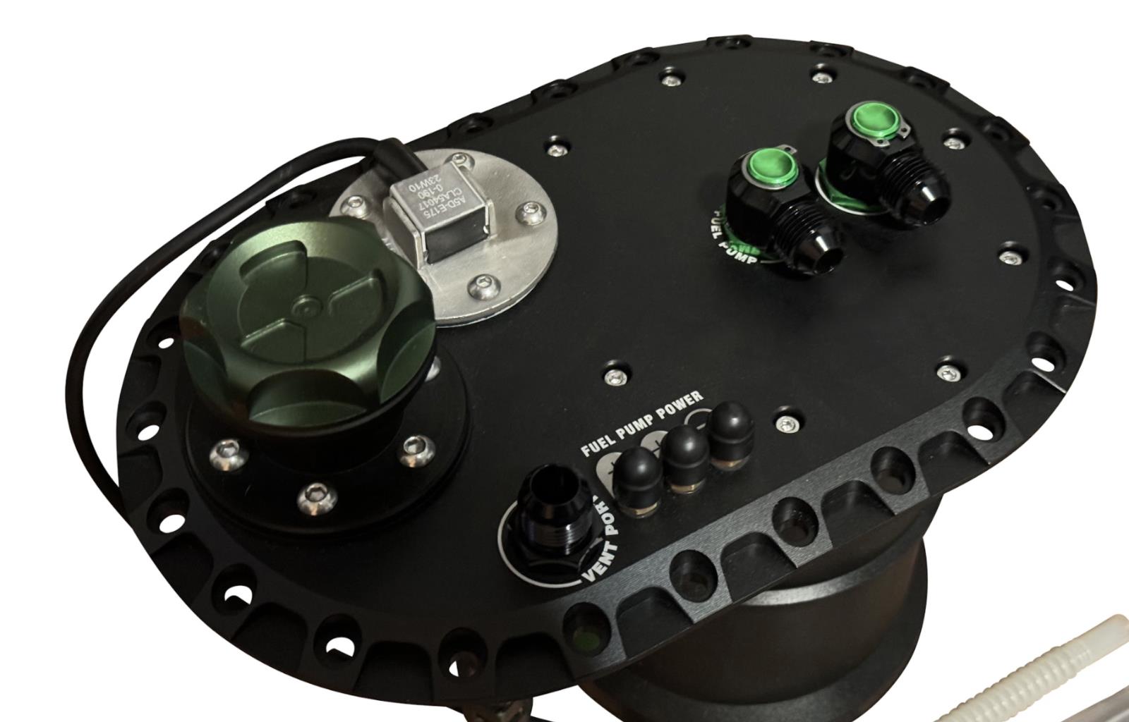 JackSpania Racing Fuel Cell Surge Tank FCST for external high-flow fuel pumps, engine parts for performance vehicles.