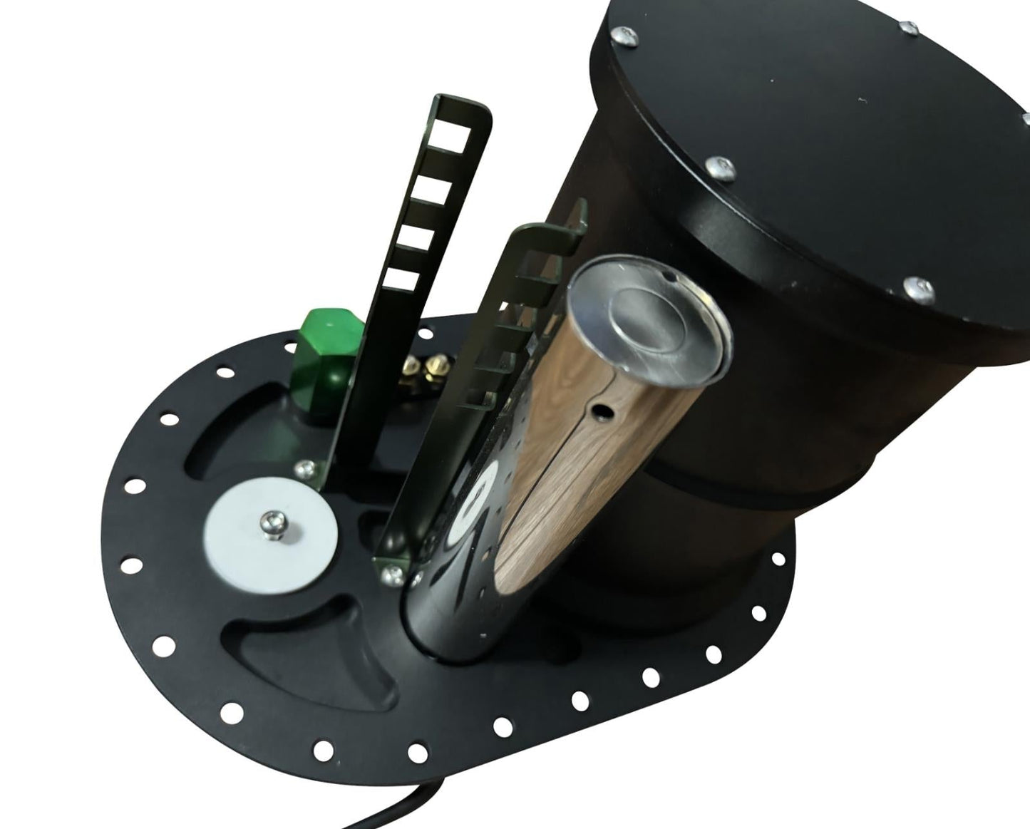 JackSpania Racing Fuel Cell Surge Tank FCST for external high-flow fuel pumps, engine part with sturdy construction and fittings.