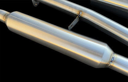 JackSpania Racing catback exhaust for 2013-2020 Subaru BRZ, Scion FR-S, and FRS with resonator muffler and polished metal finish.