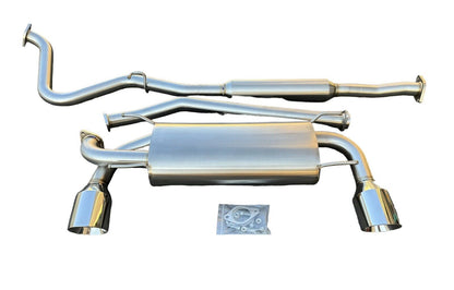 JackSpania Racing catback exhaust for 2013-2020 Subaru BRZ, Scion FR-S, and FRS with resonator muffler and polished finish.