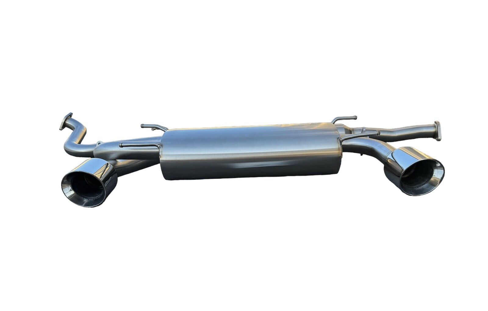 JackSpania Racing catback exhaust for 2013-2020 Subaru BRZ, Scion FR-S, and AE86 FRS with resonator muffler and polished finish.