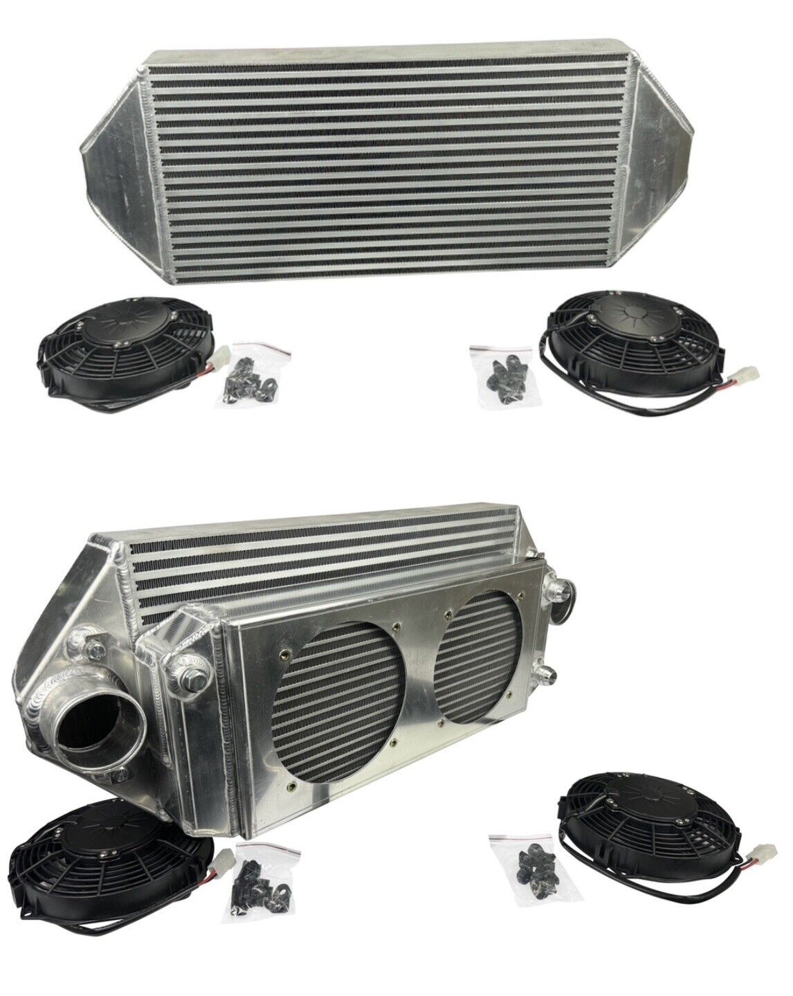 JackSpania Racing backdoor front mount intercooler with dual 3-inch pipes and full-size radiator combo, exterior view.