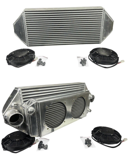 JackSpania Racing backdoor front mount intercooler with dual 3-inch pipes and full-size radiator combo, exterior view.