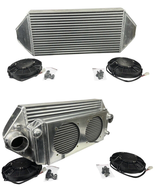 JackSpania Racing backdoor front mount intercooler with dual 3-inch pipes and full-size radiator combo, exterior view.