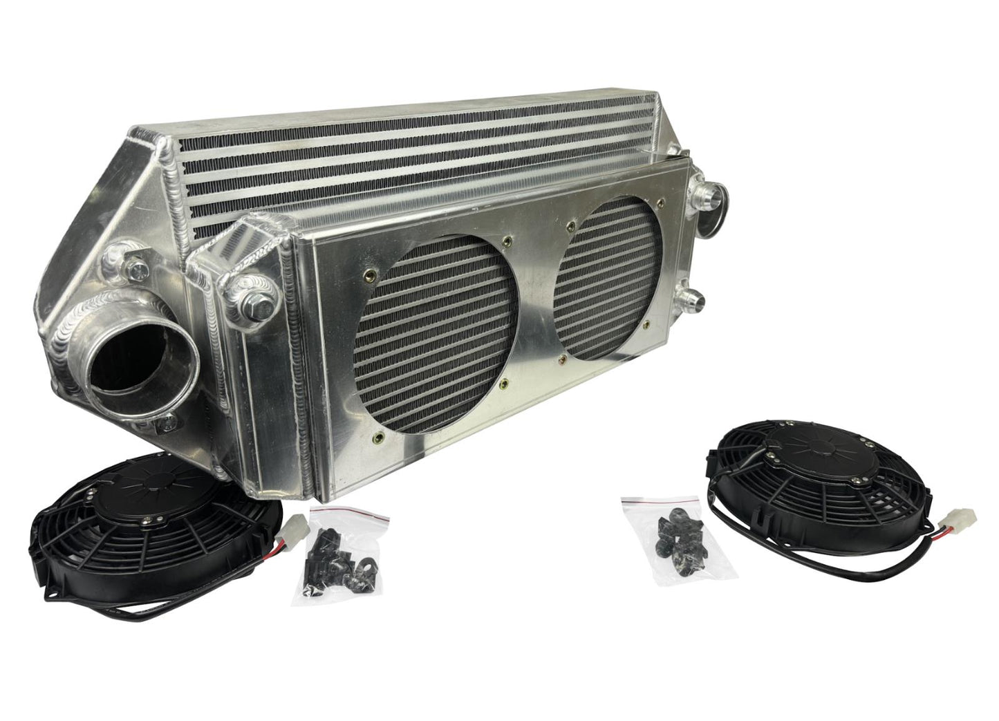 JackSpania Racing backdoor front mount intercooler with dual 3-inch pipes and full-size radiator, exterior view with 16AN fittings