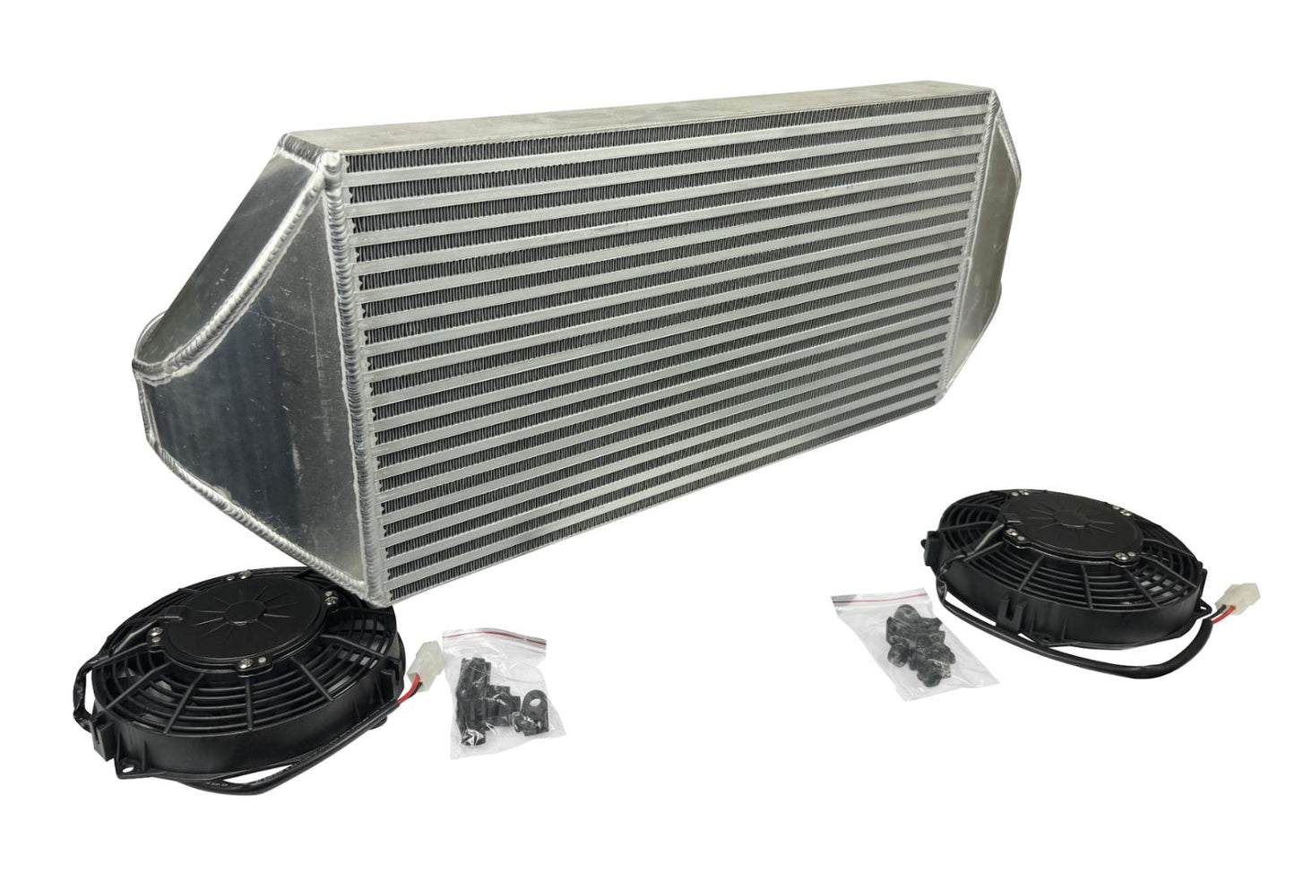 JackSpania Racing backdoor front mount intercooler and dual 3-inch radiator combo with 16AN fittings, exterior view.