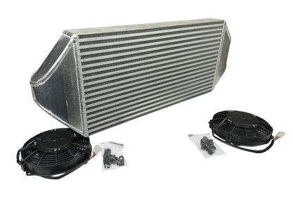 JackSpania Racing backdoor front mount intercooler and dual 3-inch radiator combo with 16AN fittings, exterior view.