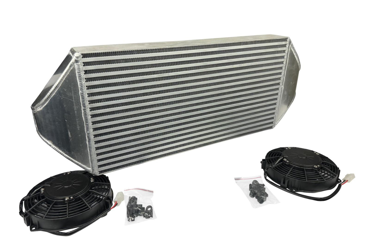 JackSpania Racing backdoor front mount intercooler with dual 3-inch pipes and full-size radiator, featuring 16AN fittings.