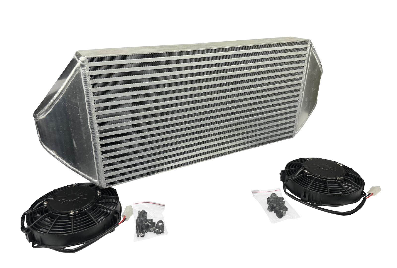 JackSpania Racing backdoor front mount intercooler with dual 3-inch pipes and full-size radiator, featuring 16AN fittings.