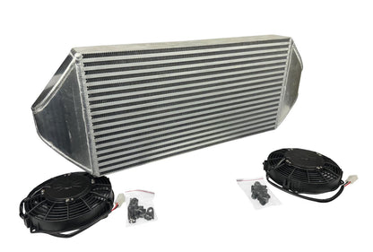 JackSpania Racing backdoor front mount intercooler with dual 3-inch pipes and full-size radiator, featuring 16AN fittings.