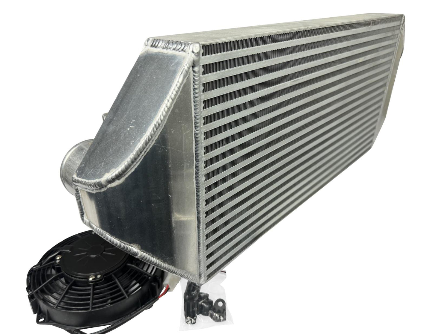 JackSpania Racing backdoor front mount intercooler with dual 3-inch tucked full-size radiator and 16AN fittings, exterior view.