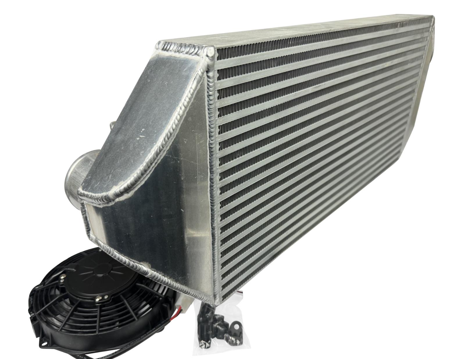 JackSpania Racing backdoor front mount intercooler with dual 3-inch tucked full-size radiator and 16AN fittings, exterior view.