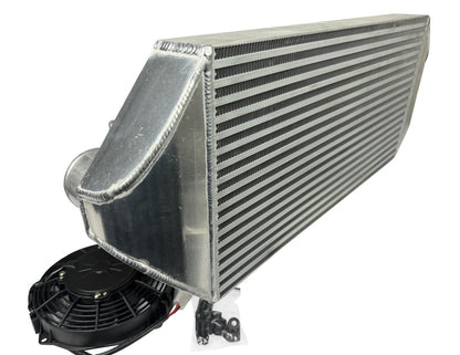 JackSpania Racing backdoor front mount intercooler with dual 3-inch tucked full-size radiator and 16AN fittings, exterior view.