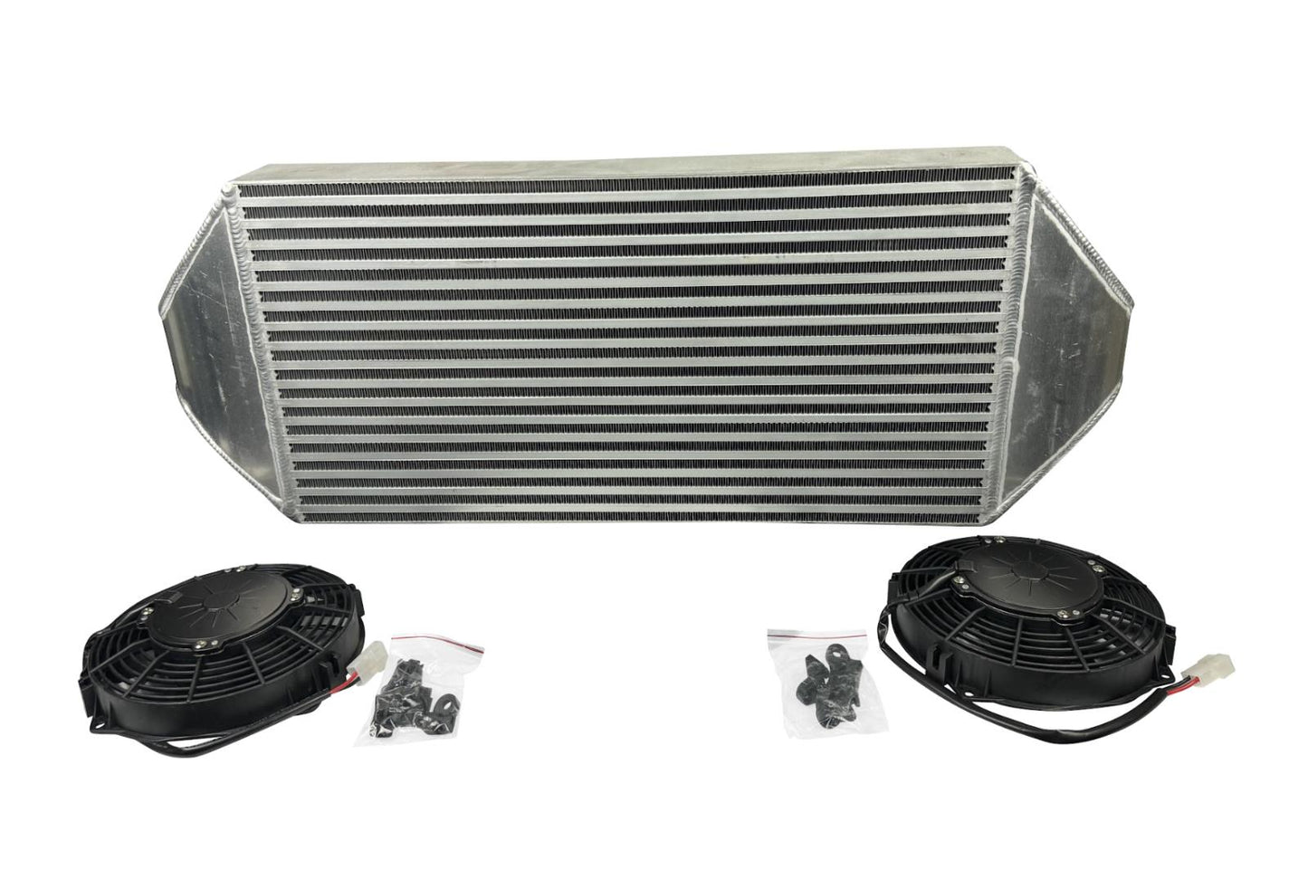 JackSpania Racing backdoor front mount intercooler with dual 3-inch pipes and full-size radiator combo, exterior view.