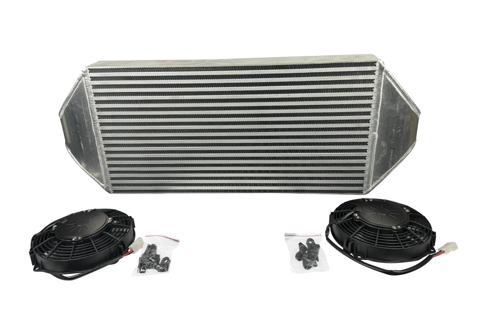 JackSpania Racing backdoor front mount intercooler with dual 3-inch pipes and full-size radiator combo, exterior view.