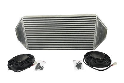 JackSpania Racing backdoor front mount intercooler with dual 3-inch pipes and full-size radiator combo, exterior view.