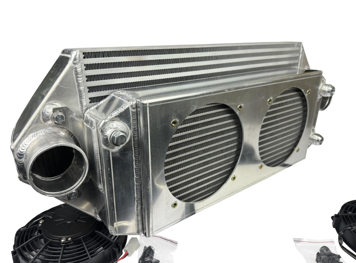 JackSpania Racing front mount intercooler and full-size radiator combo with dual 3-inch design and 16AN fittings, exterior view.
