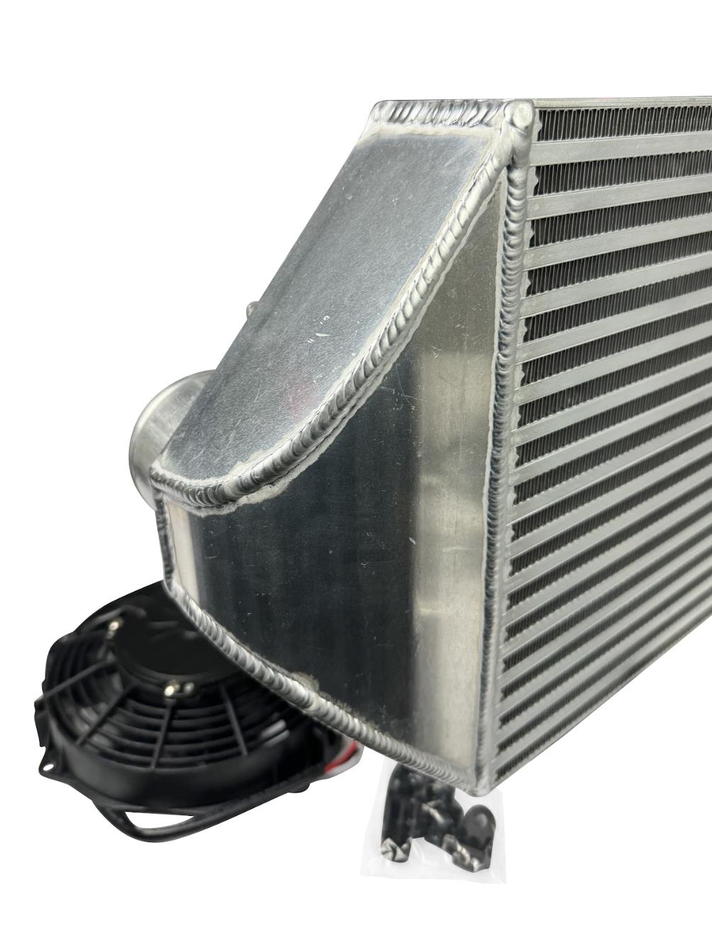 JackSpania Racing backdoor front mount intercooler with dual 3-inch pipes and full-size radiator, exterior view with 16AN fittings.