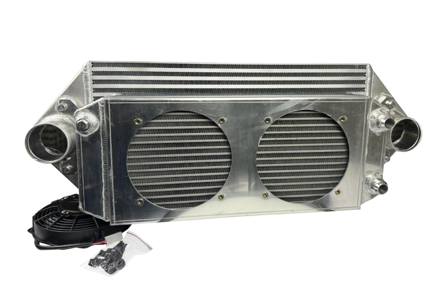 JackSpania Racing backdoor front mount intercooler with dual 3-inch pipes and full-size radiator, featuring 16AN fittings.