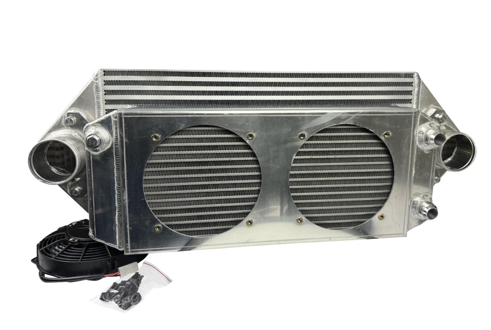 JackSpania Racing backdoor front mount intercooler with dual 3-inch pipes and full-size radiator, featuring 16AN fittings.