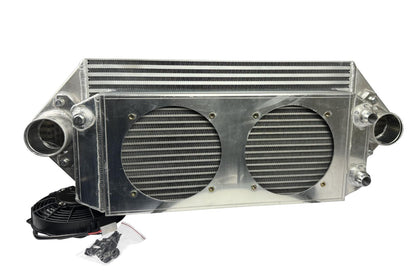 JackSpania Racing backdoor front mount intercooler with dual 3-inch pipes and full-size radiator, featuring 16AN fittings.