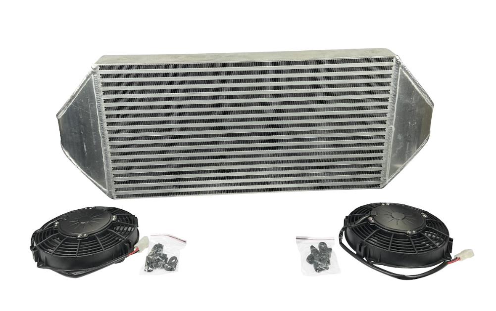 JackSpania Racing backdoor front mount intercooler with dual 3-inch pipes and full-size radiator, exterior view with 16AN fittings.