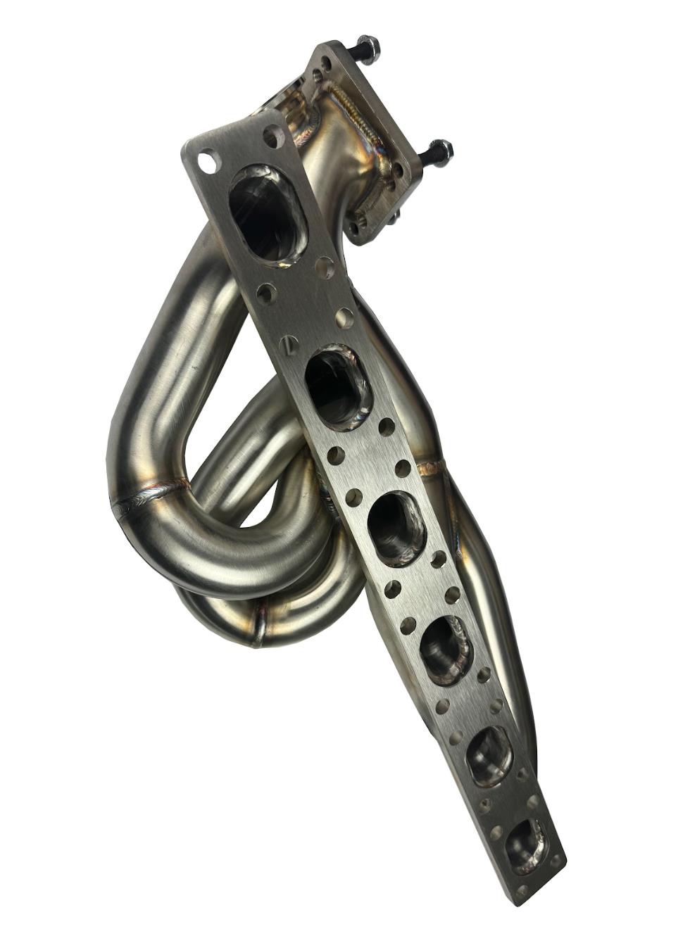 BMW E46, E36, E39 tubular turbo manifold with T3 T4 flange and 44mm wastegate by JackSpania Racing, made of 304 stainless steel.