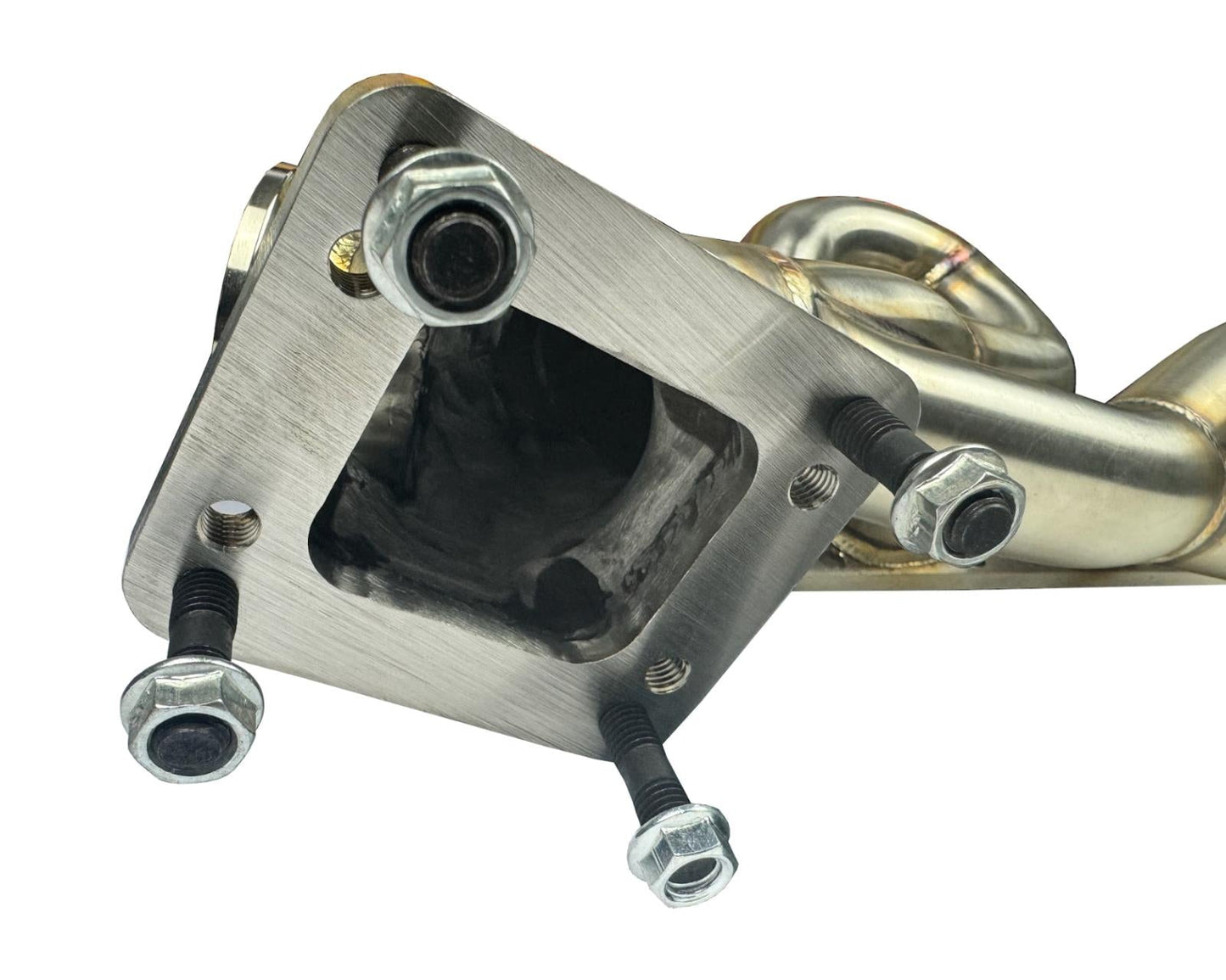 BMW E46 E36 E39 tubular top mount turbo manifold with T3 T4 flange and 44mm wastegate by JackSpania Racing, made of durable 304 stainless steel.