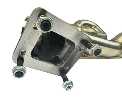 BMW E46 E36 E39 tubular top mount turbo manifold with T3 T4 flange and 44mm wastegate by JackSpania Racing, made of durable 304 stainless steel.