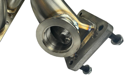 BMW E46 E36 E39 tubular top mount turbo manifold with T3 T4 flange and 44mm wastegate, made of 304 stainless steel by JackSpania Racing.