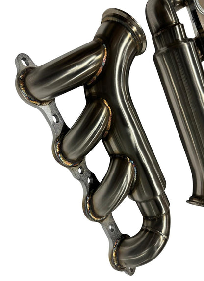 JackSpania Racing F Body LS turbo manifolds and headers for V8 LS1, LS2, LSX engines with 3-inch turbo headers and 1.5-inch primaries.