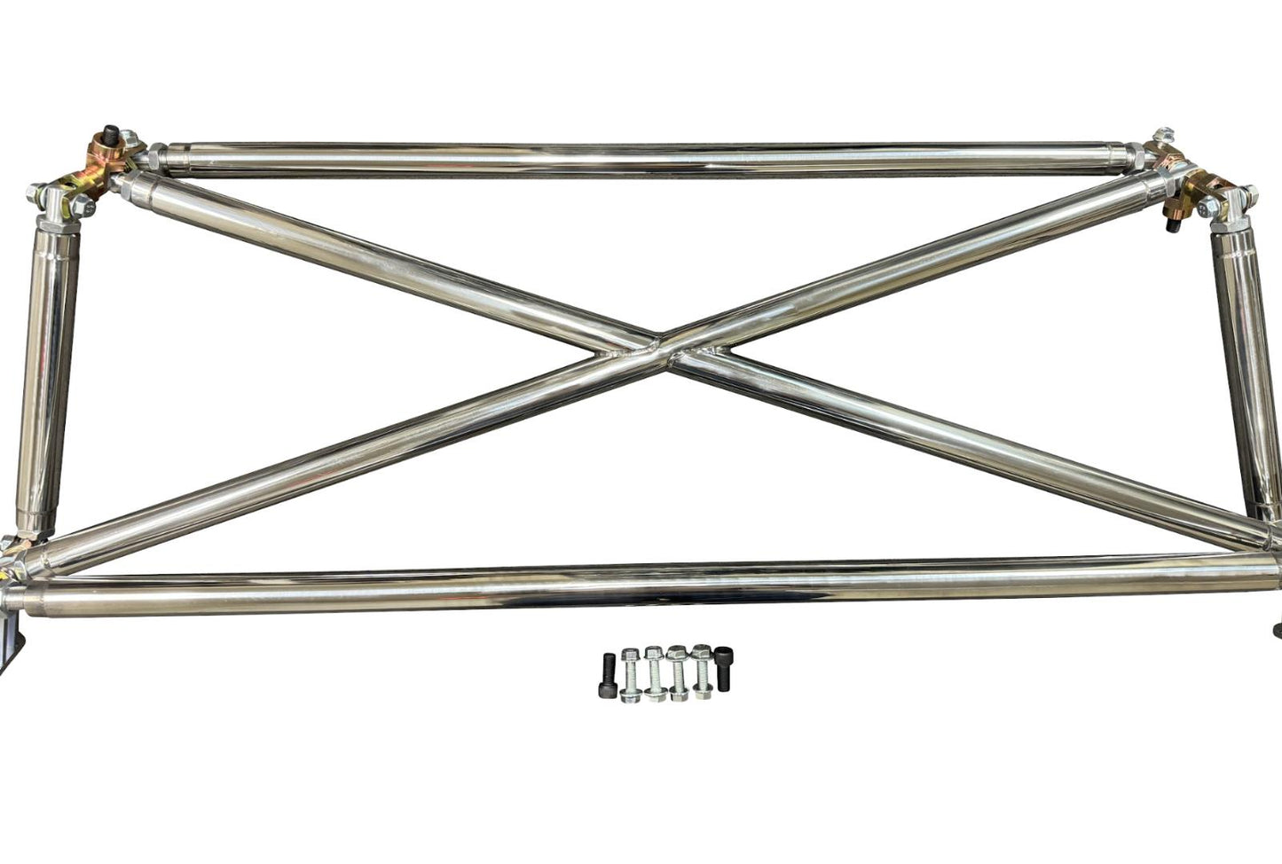 Polished tubular multipoint crossbar for Honda Civic EG6 1992-1995, suspension parts by JackSpania Racing, shown installed in vehicle.
