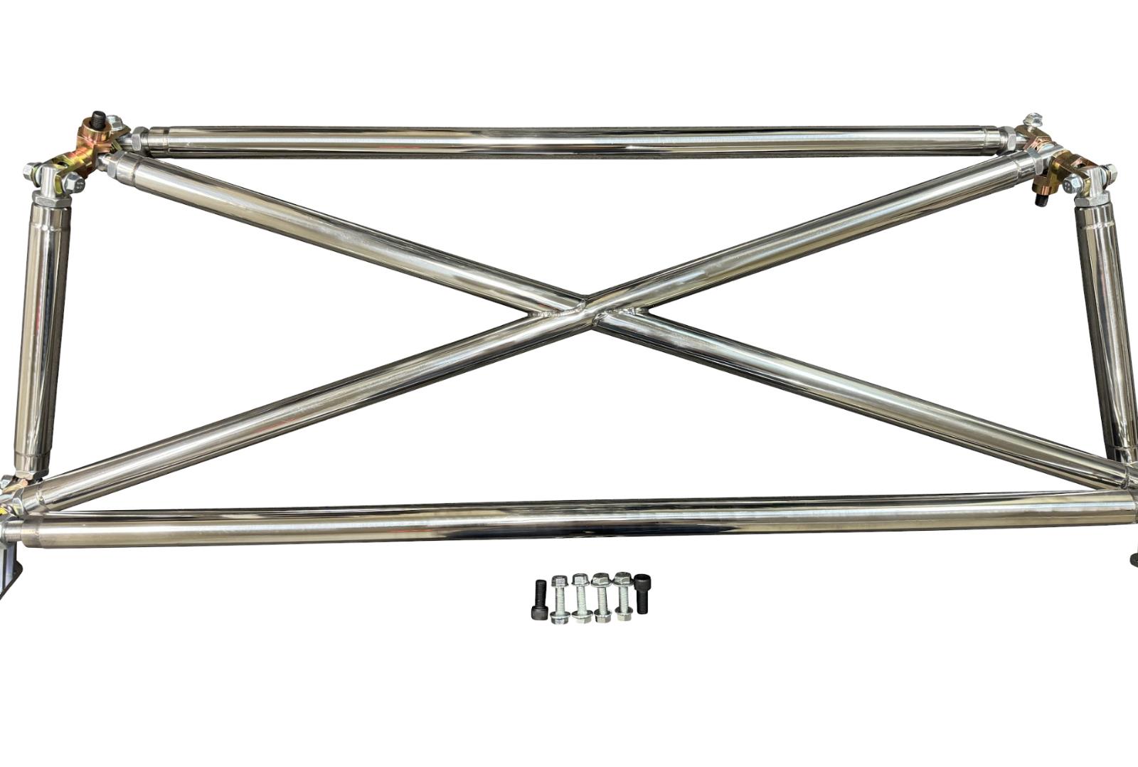 Polished tubular multipoint crossbar for Honda Civic EG6 1992-1995, suspension parts by JackSpania Racing, shown installed in vehicle.