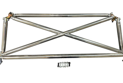 Polished tubular multipoint crossbar for Honda Civic EG6 1992-1995, suspension parts by JackSpania Racing, shown installed in vehicle.