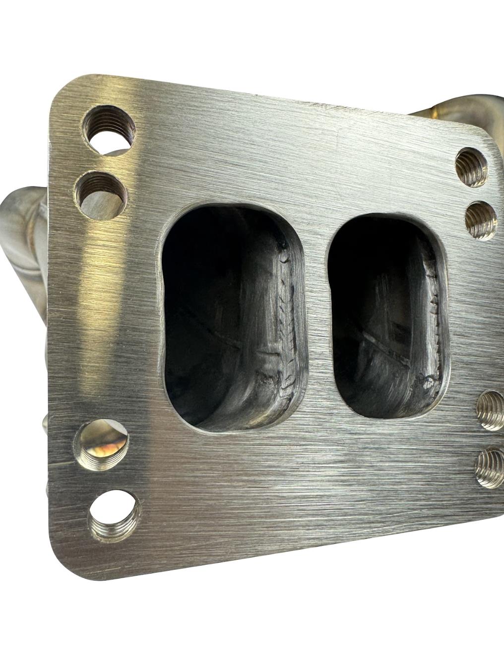 JackSpania Racing N54 top mount turbo manifold with T3 T4 flange for BMW 135i, 335i, 535i, and Z4, divided exhaust part.
