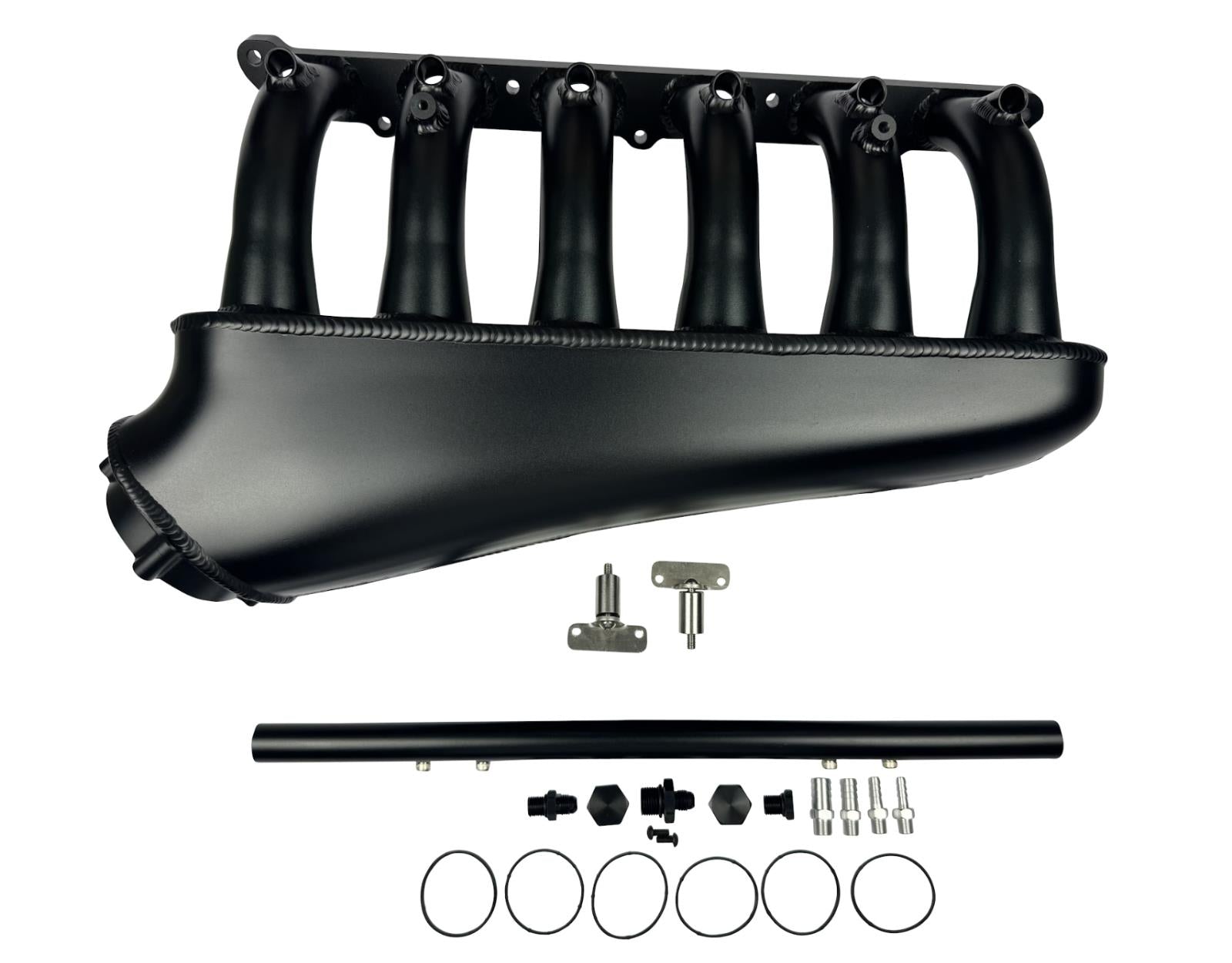 Front facing intake manifold fuel rail for BMW N54 3.0L engine, by JackSpania Racing, shown with mounting details.