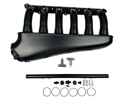 Front facing intake manifold fuel rail for BMW N54 3.0L engine, by JackSpania Racing, shown with mounting details.