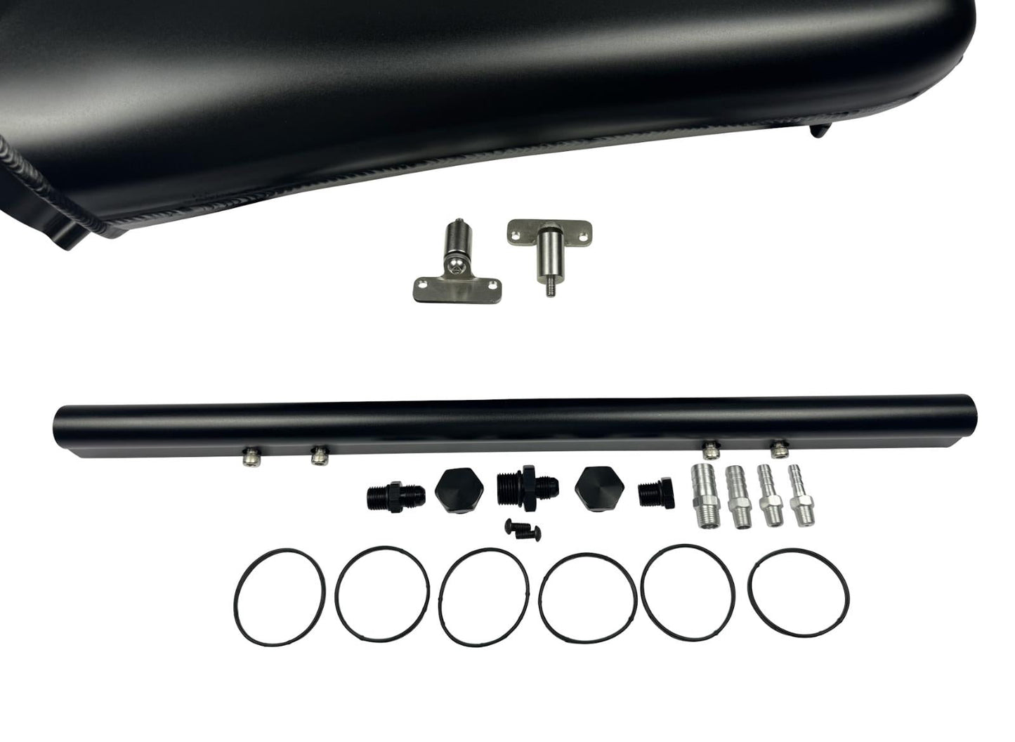 Front facing intake manifold fuel rail for BMW N54 3.0L engine, designed by JackSpania Racing for 135i, 535i, 335i, and Z4 models.