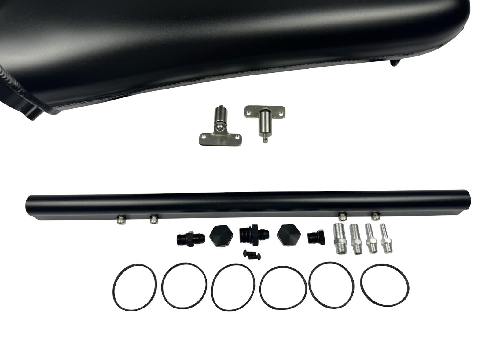 Front facing intake manifold fuel rail for BMW N54 3.0L engine, designed by JackSpania Racing for 135i, 535i, 335i, and Z4 models.