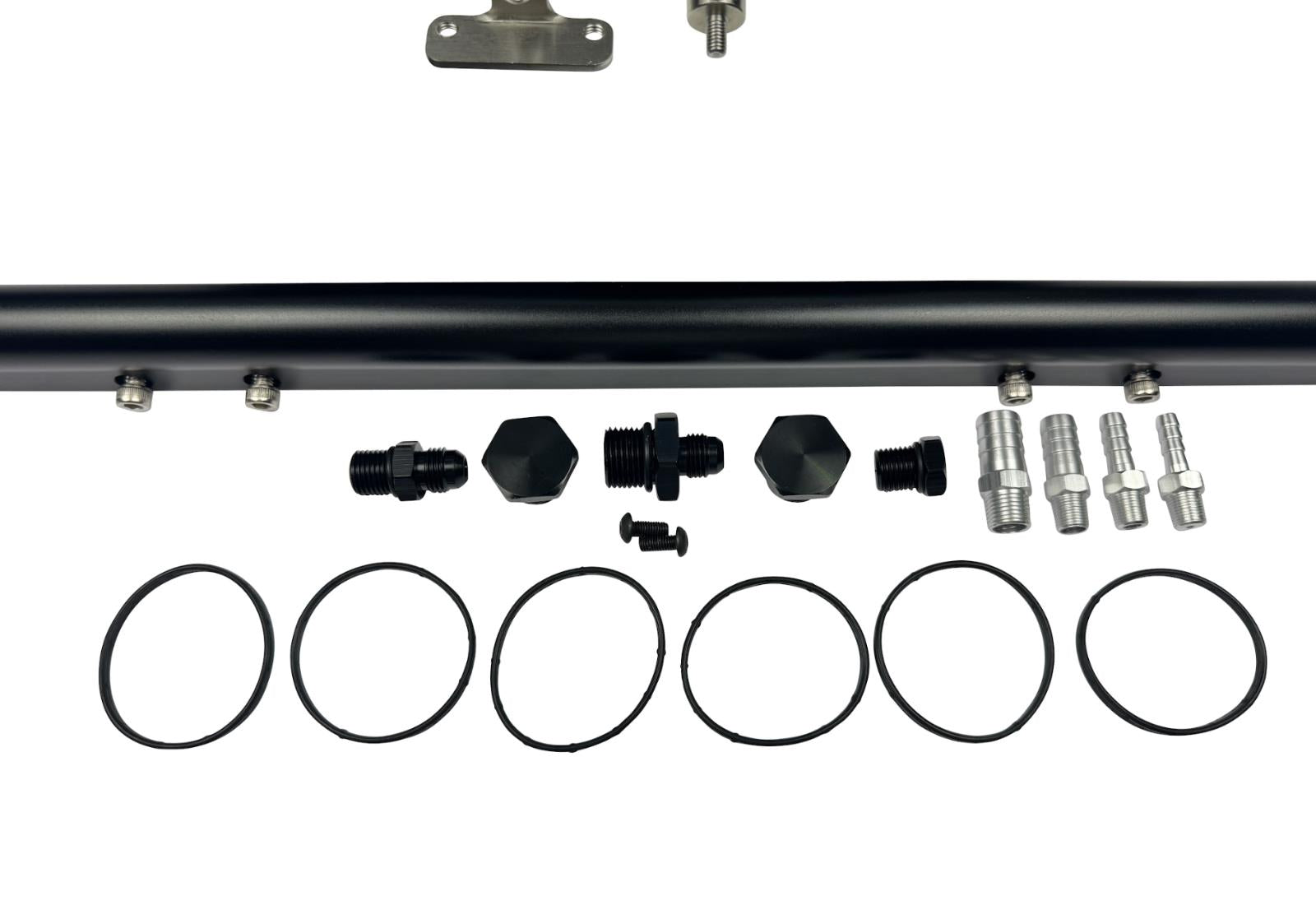 Front facing intake manifold fuel rail for BMW N54 3.0L engine, by JackSpania Racing, shown with mounting hardware and connectors.