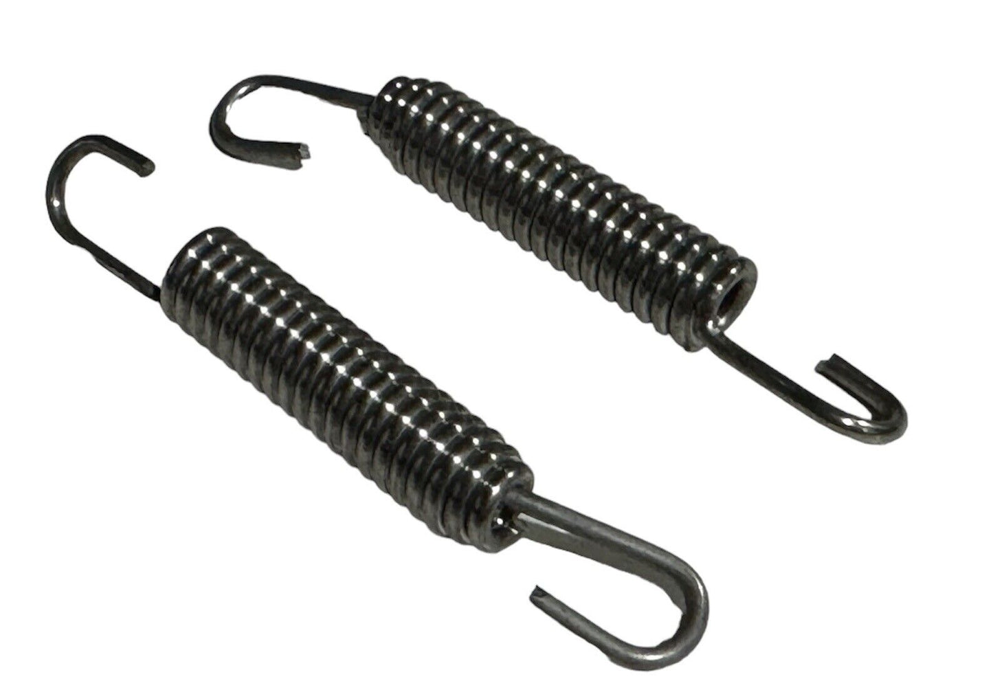 Two 80mm stainless steel exhaust springs with swivel hooks, exterior durability, by JackSpania Racing.