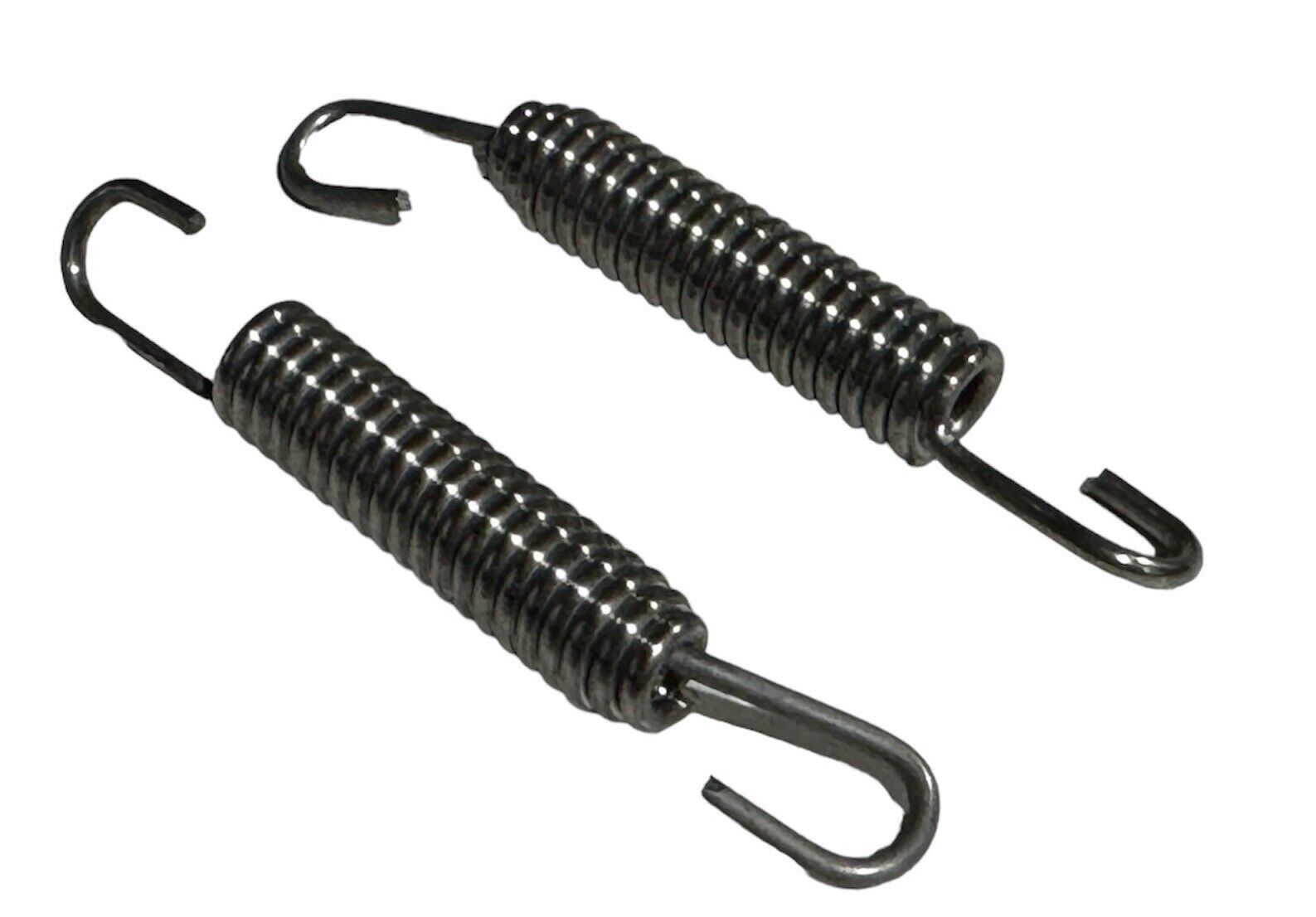 Two 80mm stainless steel exhaust springs with swivel hooks, exterior durability, by JackSpania Racing.