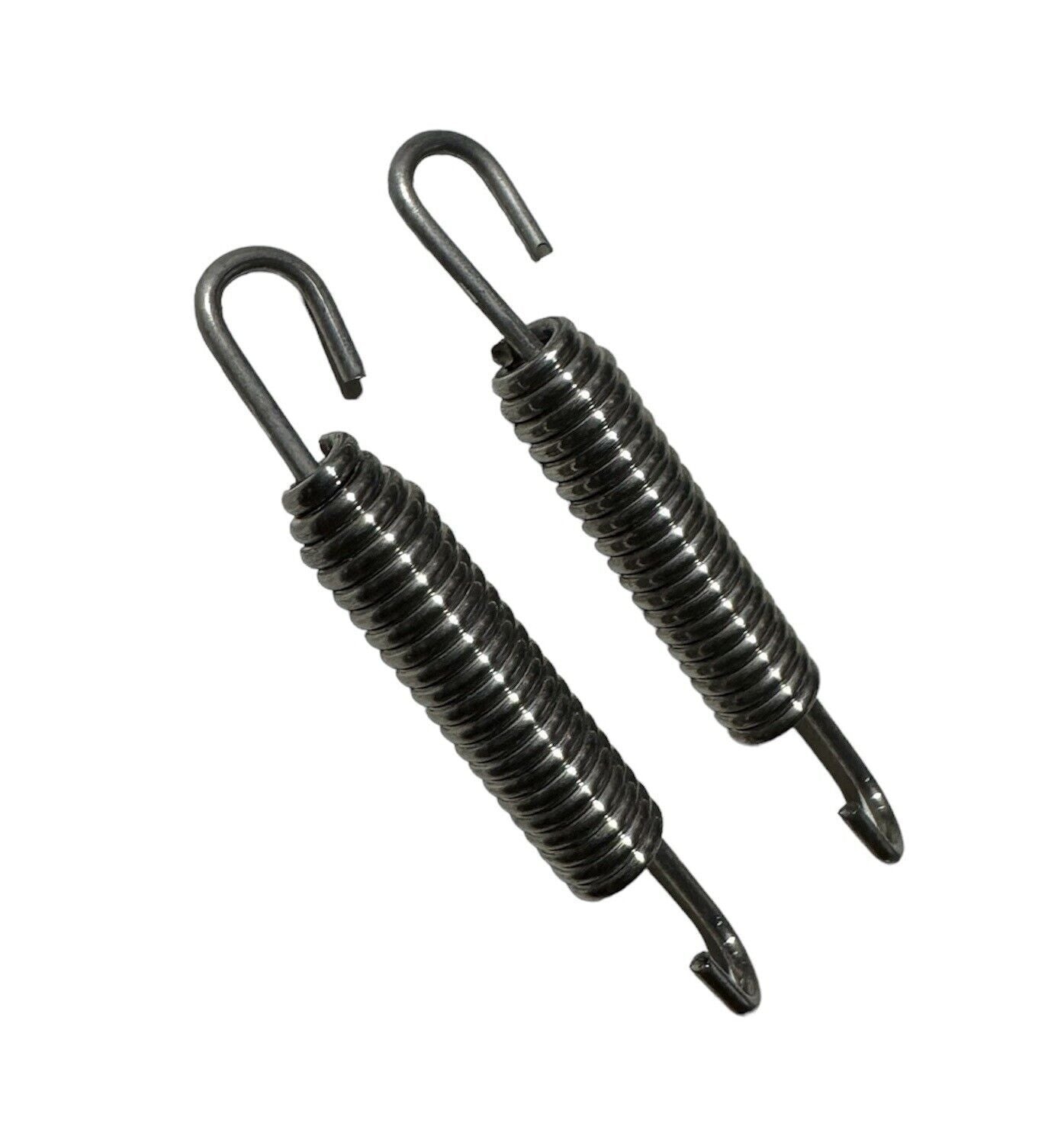 Two 80mm stainless steel exhaust springs with swivel hooks for exterior use, by JackSpania Racing.
